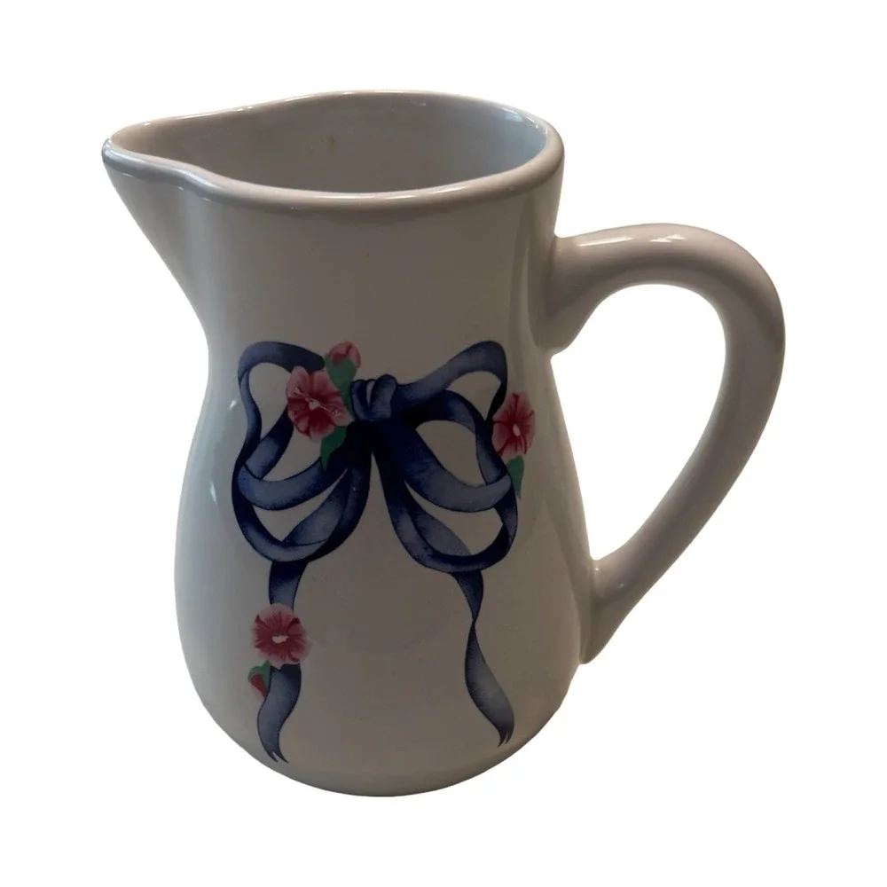FTD White Ceramic Pitcher Blue Ribbon Bow Pink Floral Flowers Creamer Vintage